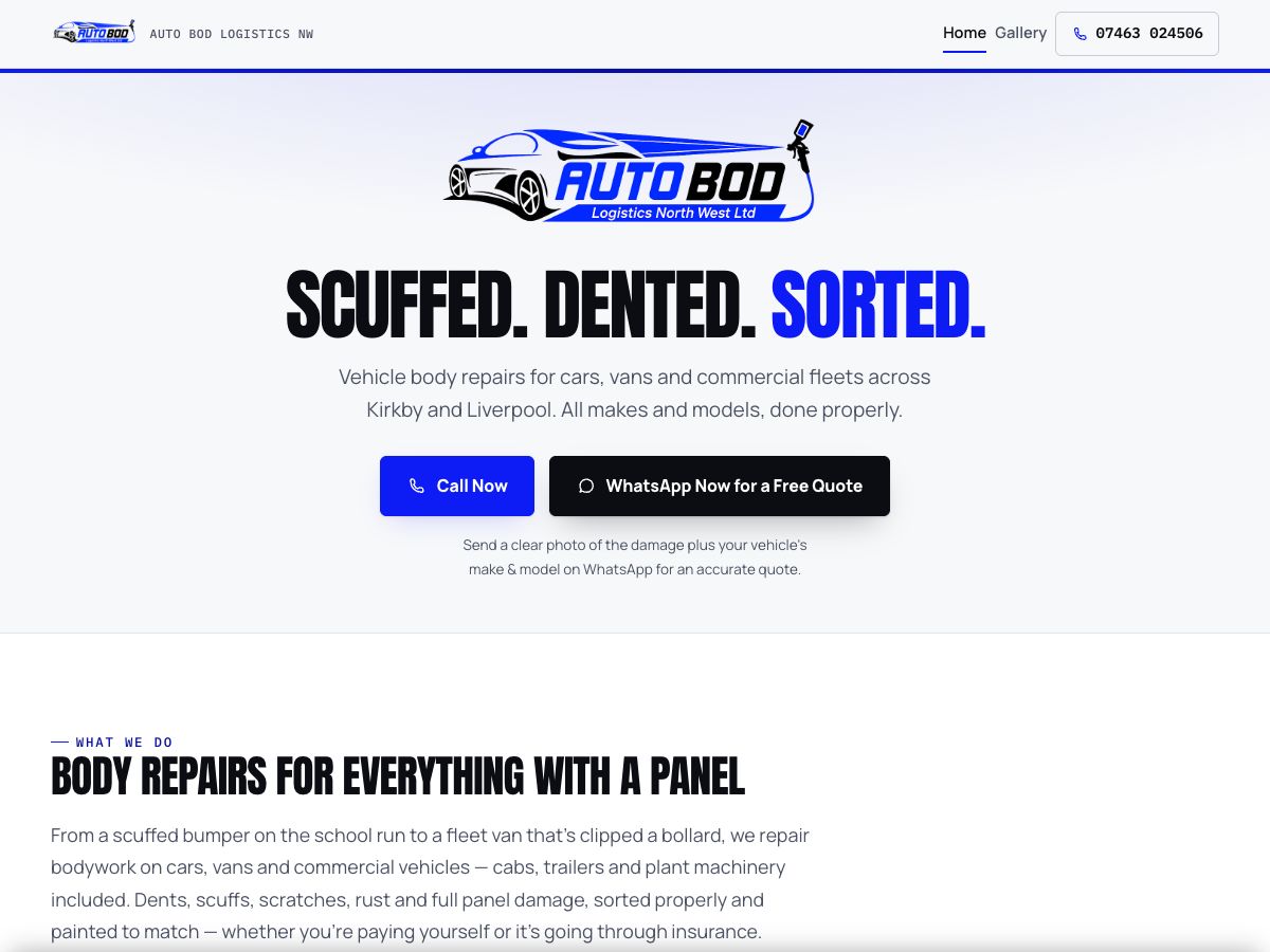 Homepage of the Auto Bod Logistics North West website