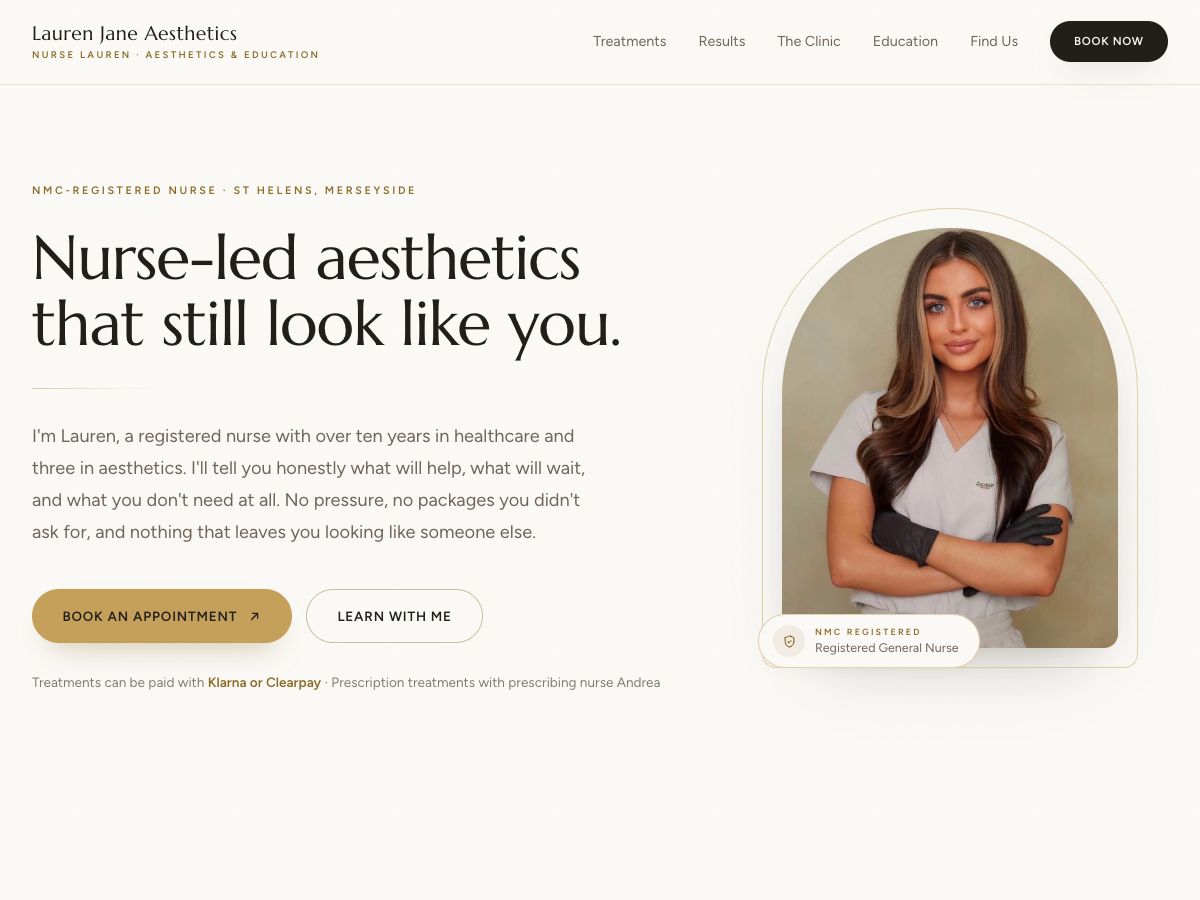 Homepage of the Lauren Jane Aesthetics website